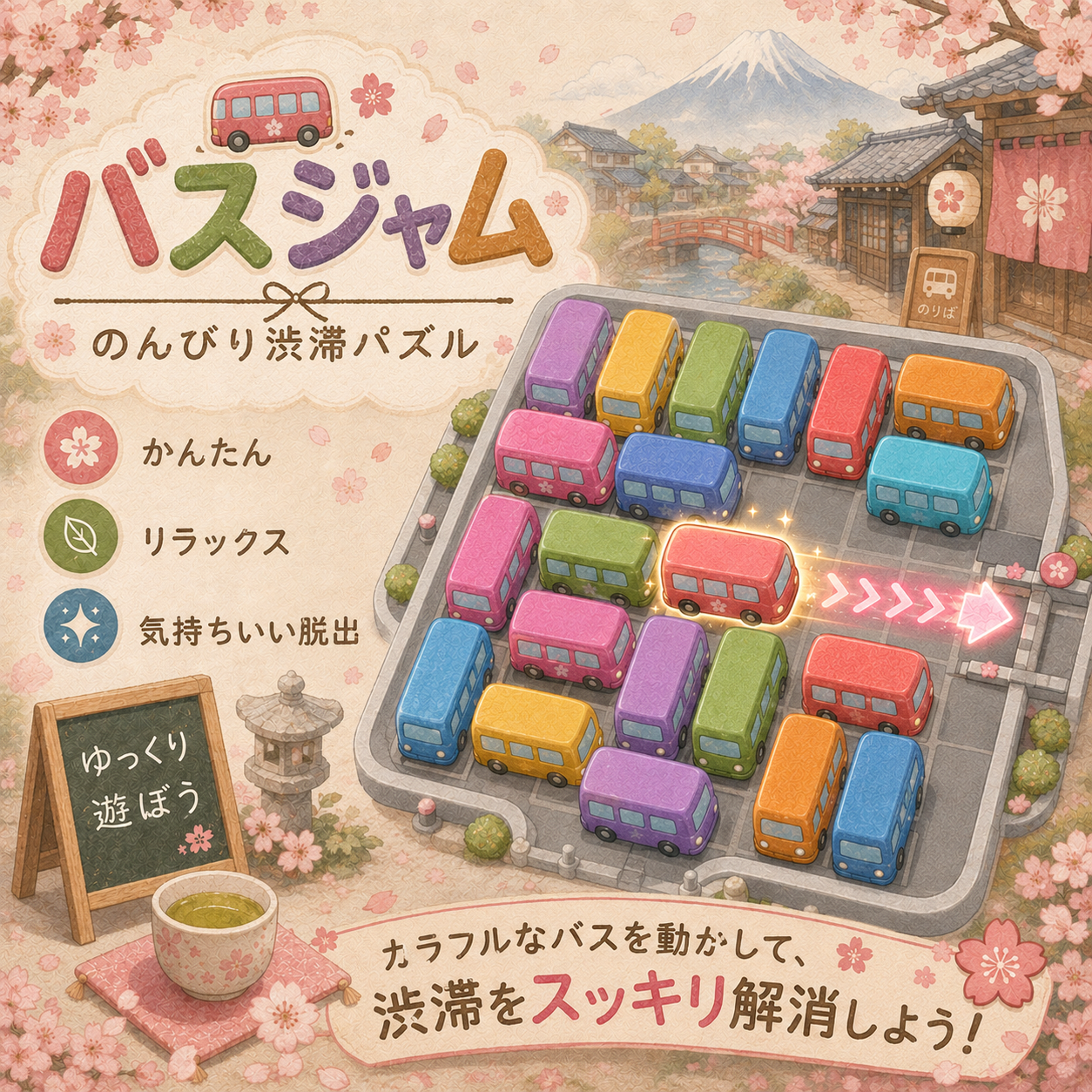 桜の町に並ぶカラフルなバスを動かし、出口へ導くBus Trafficゲームの紹介画像