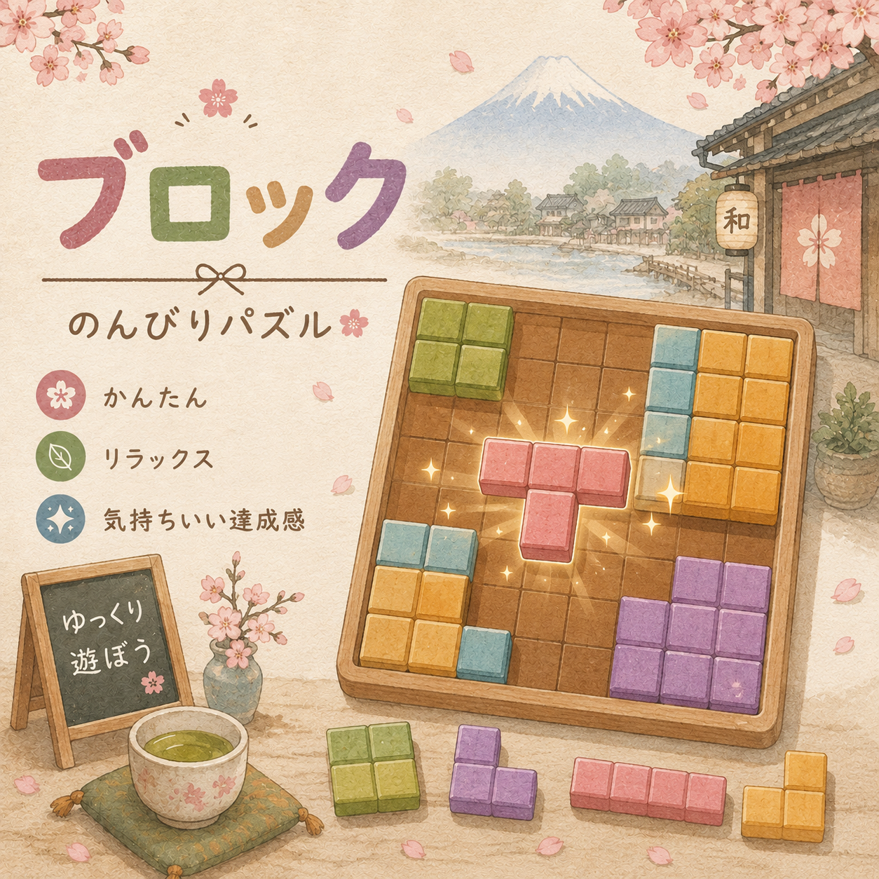 桜と富士山を背景に、木製ボードへ色とりどりのブロックを配置するBlock Puzzleゲームの紹介画像