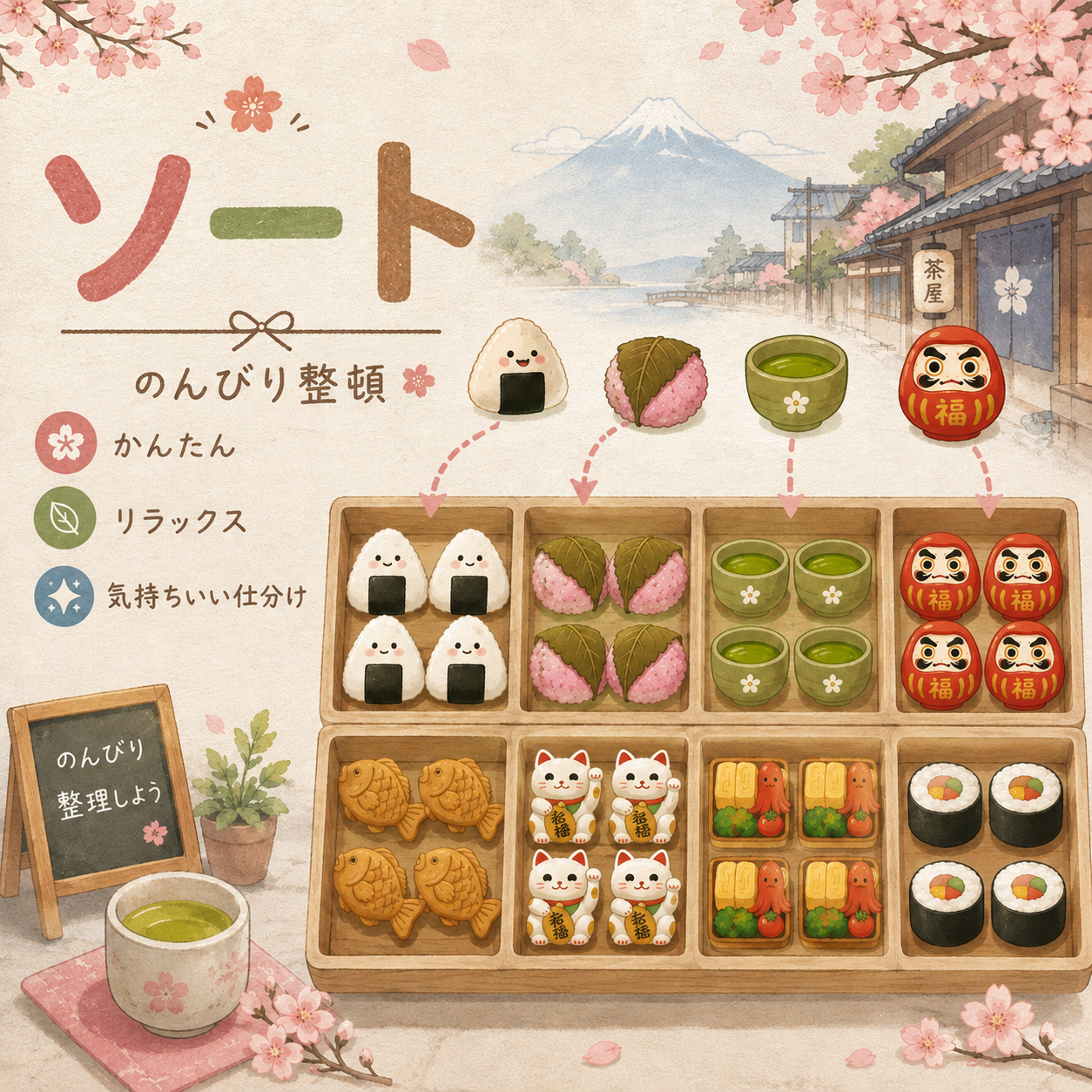 桜や富士山を背景に、おにぎり、桜餅、抹茶、だるまなどの和風小物を木箱へ仕分けるGoods Sortゲームの紹介画像